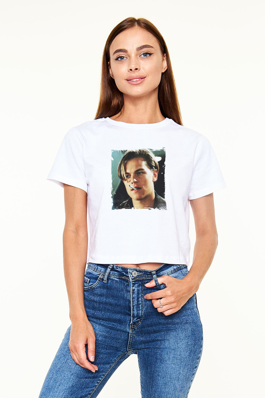 Leonardo DiCaprio Baskılı Beyaz Kadın Crop Top Tişört