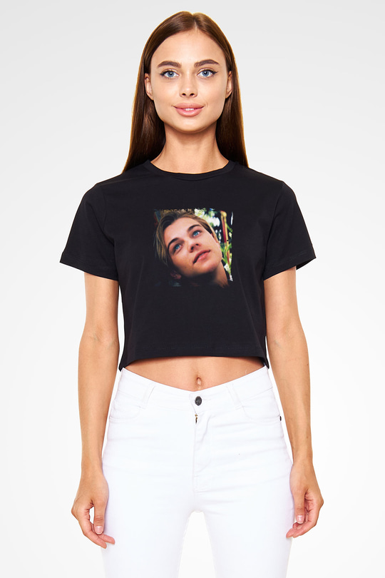 Leonardo DiCaprio Baskılı Siyah Kadın Crop Top Tişört