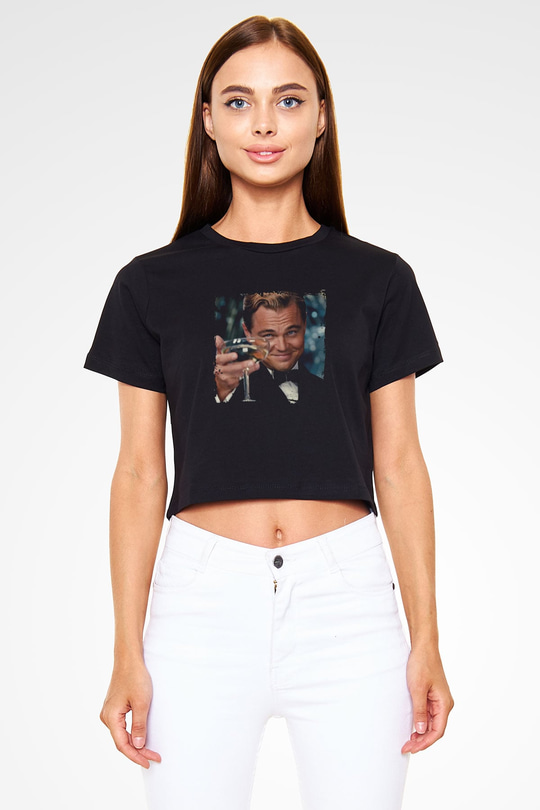 Leonardo DiCaprio Baskılı Siyah Kadın Crop Top Tişört