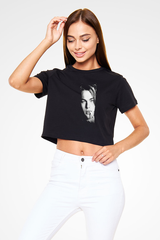 Leonardo DiCaprio Baskılı Siyah Kadın Crop Top Tişört