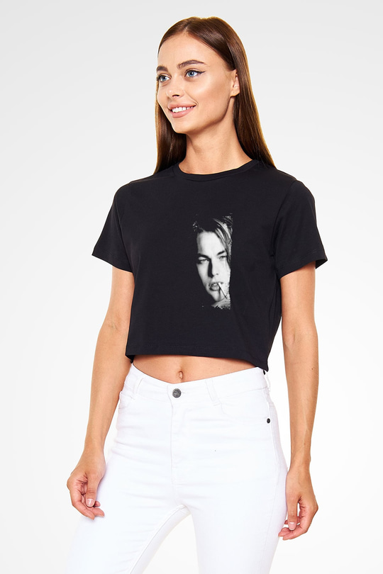 Leonardo DiCaprio Baskılı Siyah Kadın Crop Top Tişört