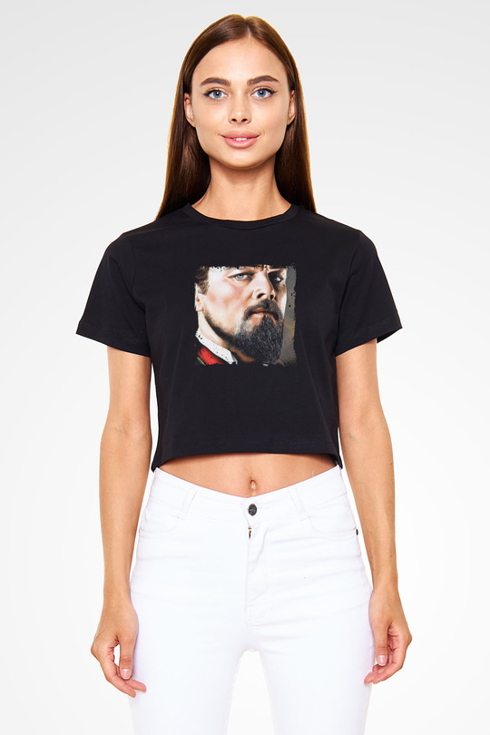 Leonardo DiCaprio Baskılı Siyah Kadın Crop Top Tişört