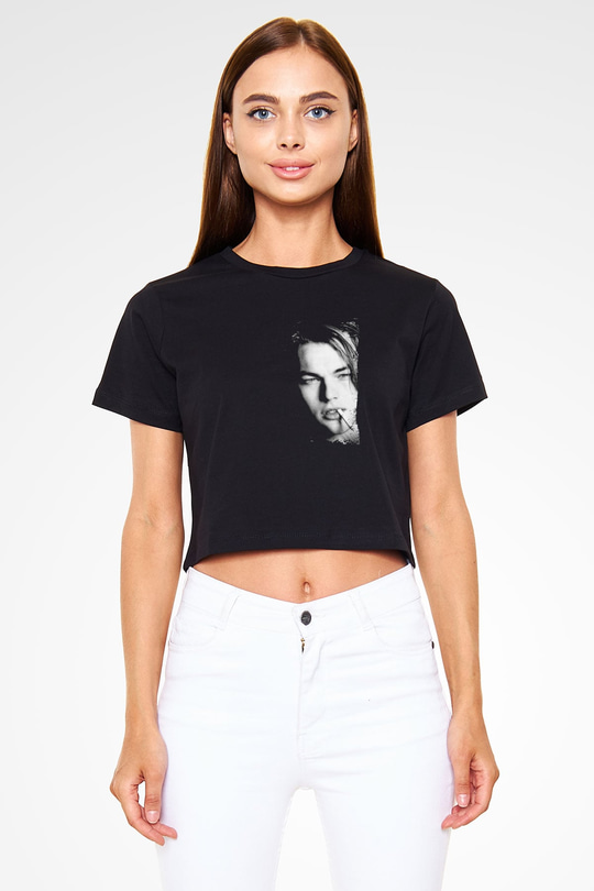 Leonardo DiCaprio Baskılı Siyah Kadın Crop Top Tişört