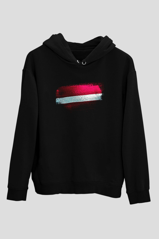 Letonya - Latvia Bayrağı Baskılı Unisex Siyah Kapüşonlu Sweatshirt