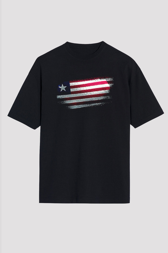Liberya - Liberia Bayrağı Baskılı Unisex Siyah Oversize Tişört