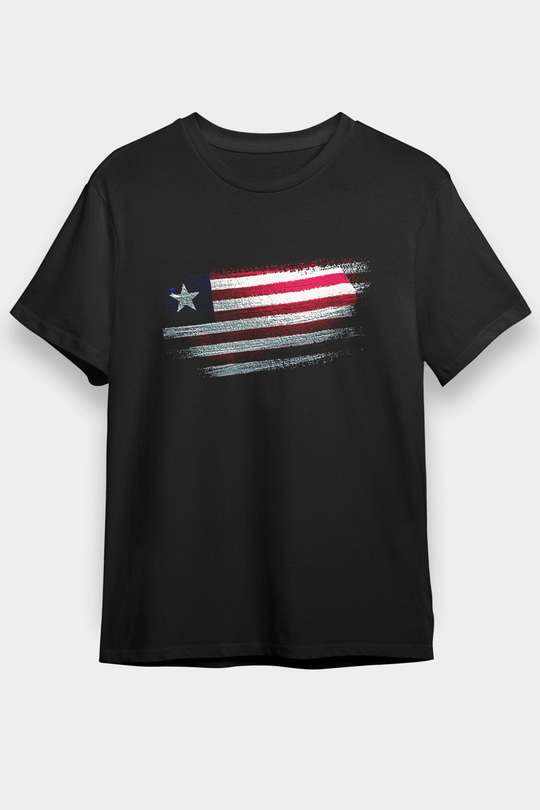 Liberya - Liberia Bayrağı Baskılı Unisex Siyah Tişört