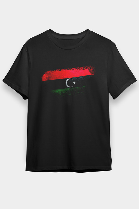 Libya Bayrağı Baskılı Unisex Siyah Tişört