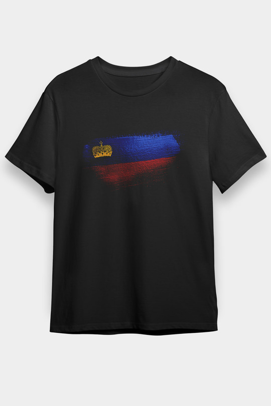 Lihtenştayn - Liechtenstein Bayrağı Baskılı Unisex Siyah Tişört