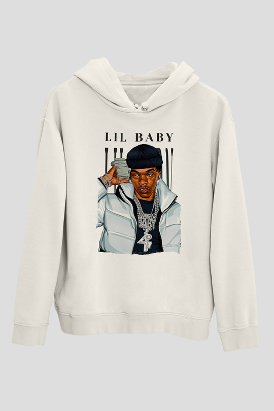 Lil Baby Baskılı Beyaz Unisex Kapüşonlu Sweatshirt