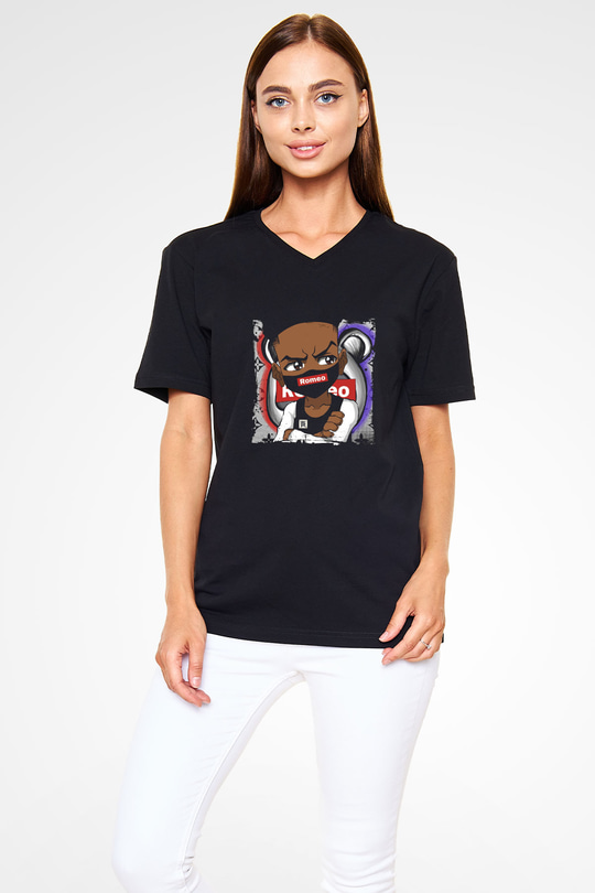 Lil Romeo Baskılı Unisex Siyah V Yaka Tişört