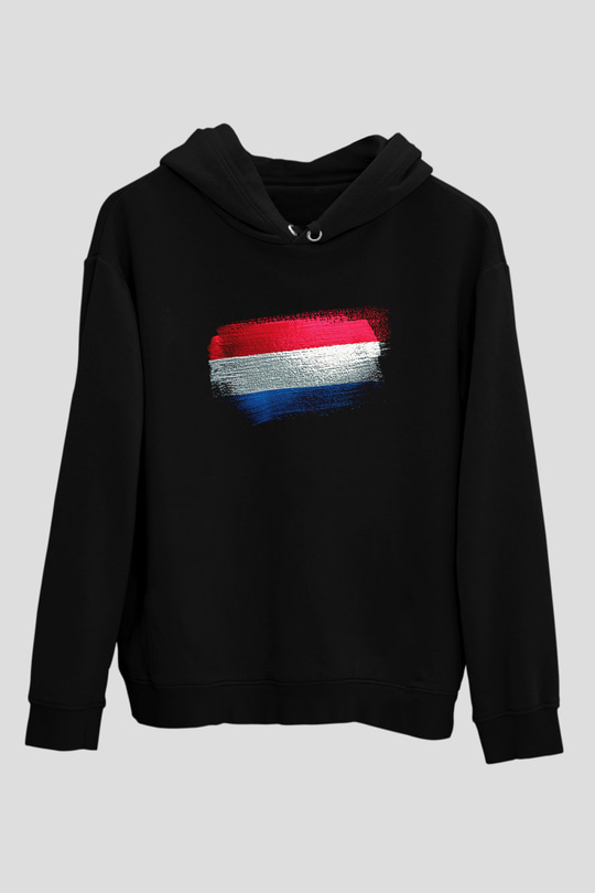 Lüksemburg - Luxembourg Bayrağı Baskılı Unisex Siyah Kapüşonlu Sweatshirt