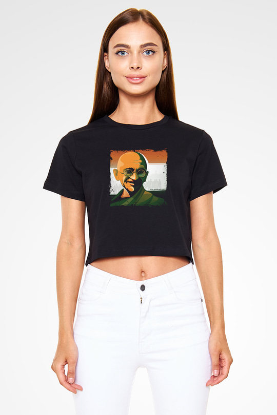 Mahatma Gandi Baskılı Siyah Kadın Crop Top Tişört