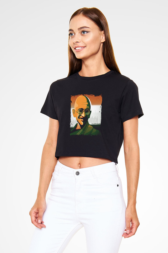 Mahatma Gandi Baskılı Siyah Kadın Crop Top Tişört