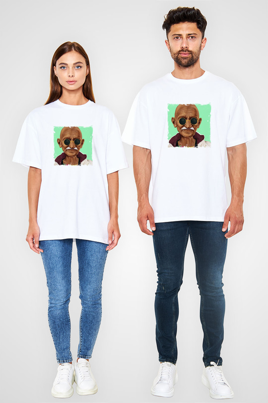 Mahatma Gandi Oversize Baskılı Beyaz Tişört
