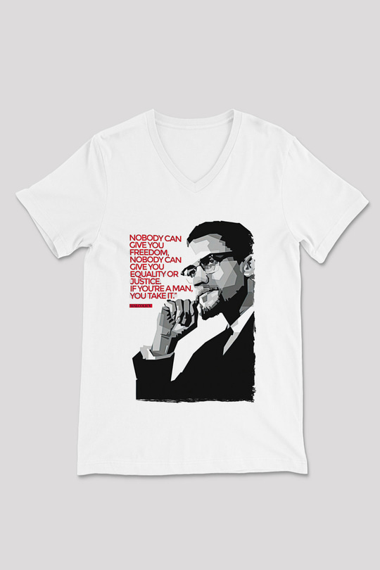 Malcolm X James Baskılı Beyaz Unisex V Yaka Tişört - Tshirt