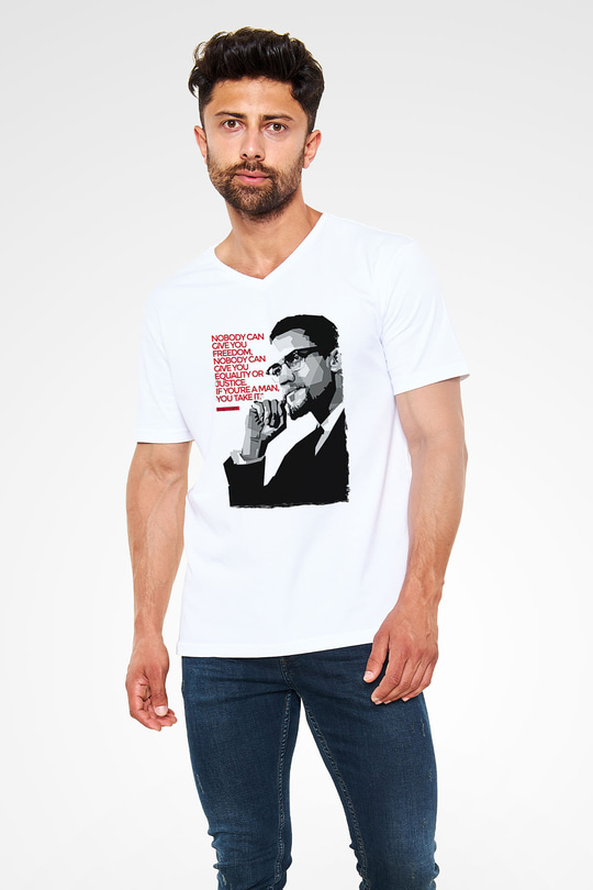 Malcolm X James Baskılı Beyaz Unisex V Yaka Tişört - Tshirt