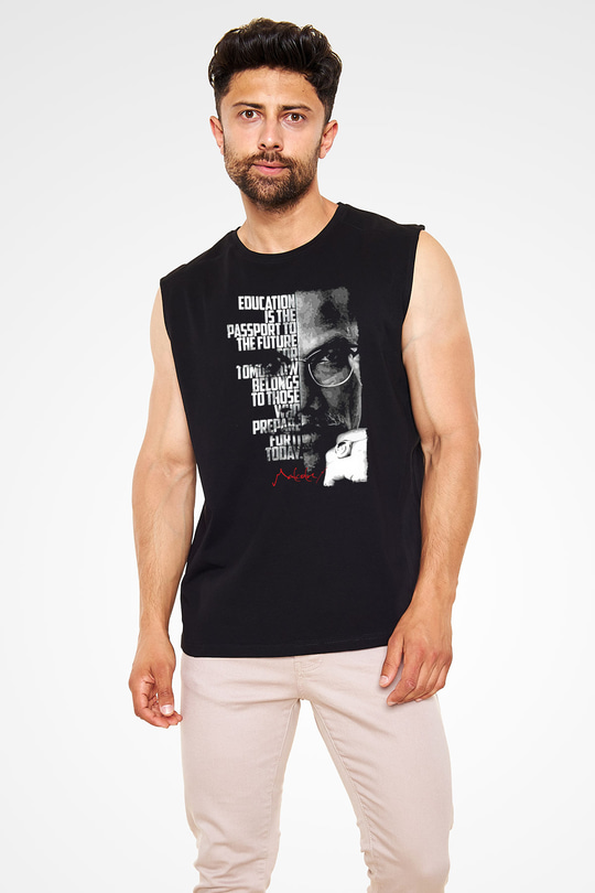 Malcolm X James Baskılı Unisex Siyah Kolsuz Tişört - Tshirt