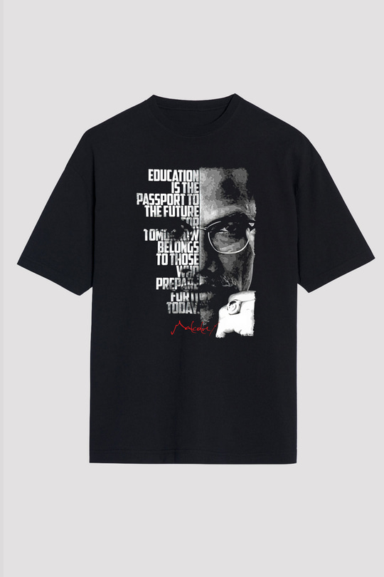 Malcolm X James Baskılı Unisex Siyah Oversize Tişört - Tshirt