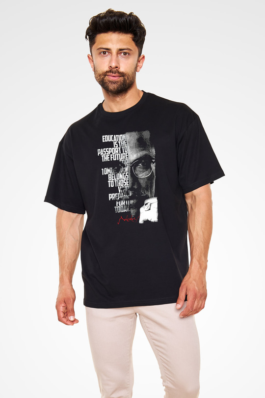 Malcolm X James Baskılı Unisex Siyah Oversize Tişört - Tshirt