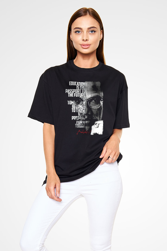Malcolm X James Baskılı Unisex Siyah Oversize Tişört - Tshirt