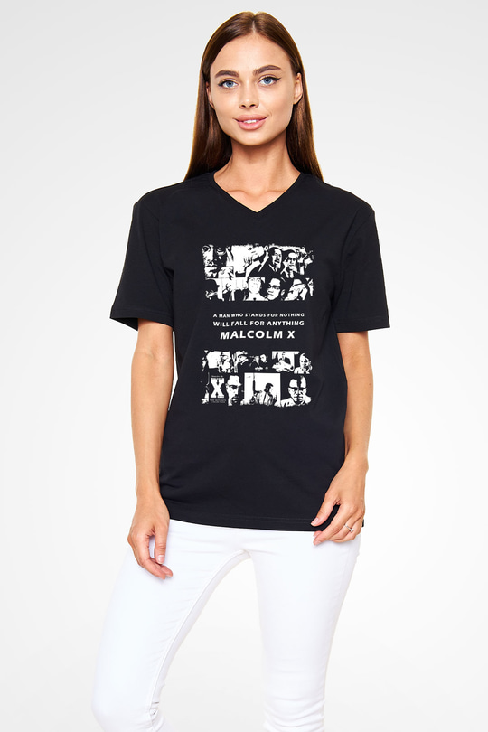 Malcolm X James Baskılı Unisex Siyah V Yaka Tişört - Tshirt