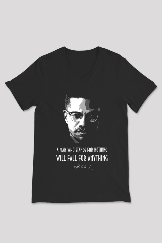 Malcolm X James Baskılı Unisex Siyah V Yaka Tişört - Tshirt