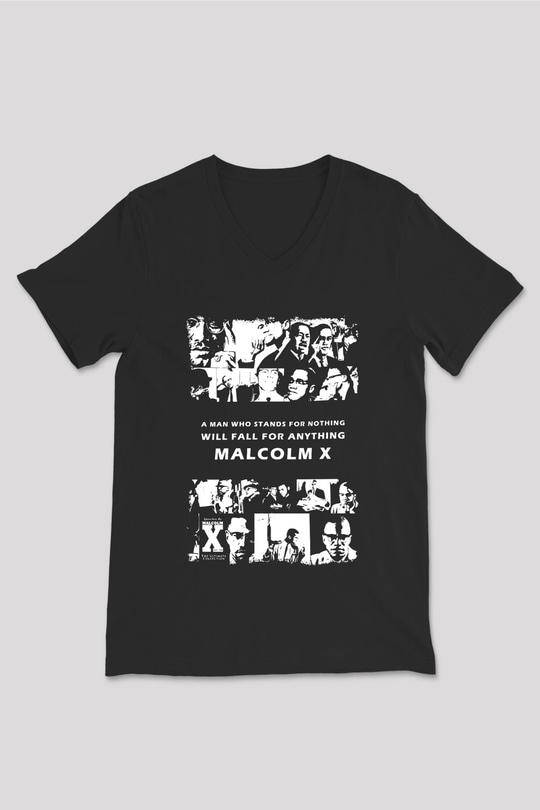 Malcolm X James Baskılı Unisex Siyah V Yaka Tişört - Tshirt