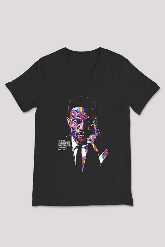 Malcolm X James Baskılı Unisex Siyah V Yaka Tişört - Tshirt