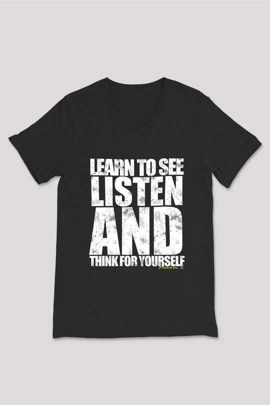 Malcolm X James Baskılı Unisex Siyah V Yaka Tişört - Tshirt