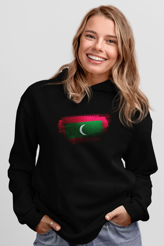 Maldivler - Maldives Bayrağı Baskılı Unisex Siyah Kapüşonlu Sweatshirt
