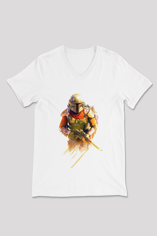 Mandalorian Baskılı Beyaz Unisex V Yaka Tişört - Tshirt
