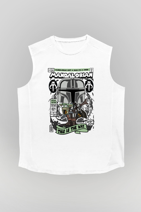 Mandalorian Baskılı Unisex Beyaz Kolsuz Tişört