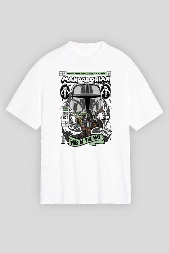 Mandalorian Baskılı Unisex Beyaz Oversize Tişört