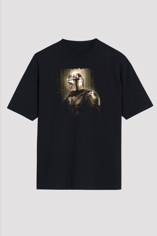 Mandalorian Baskılı Unisex Siyah Oversize Tişört - Tshirt