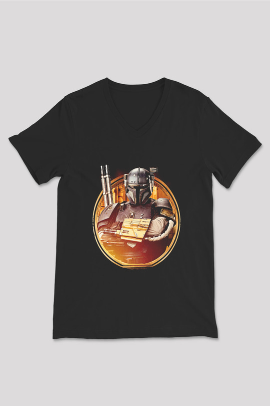Mandalorian Baskılı Unisex Siyah V Yaka Tişört - Tshirt