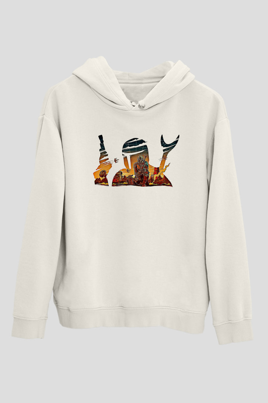 Mandolarian Baskılı Beyaz Unisex Hoodie