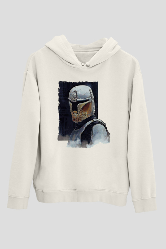 Mandolarian Baskılı Beyaz Unisex Hoodie