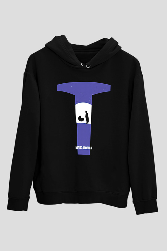 Mandolarian Baskılı Unisex Siyah Kapüşonlu Sweatshirt