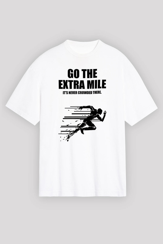 Maraton Baskılı Unisex Beyaz Oversize Tişört - Tshirt