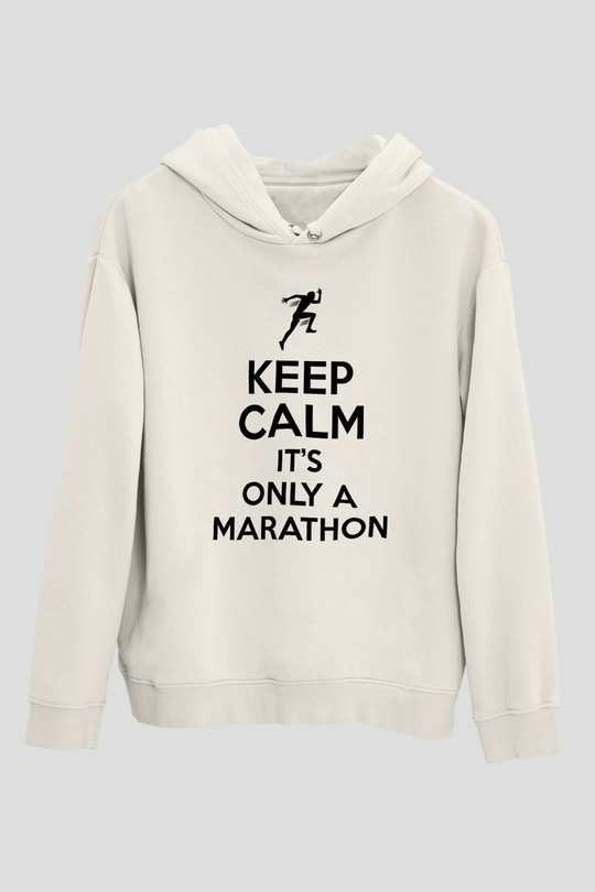 Maraton Baskılı Unisex Ekru Hoodie