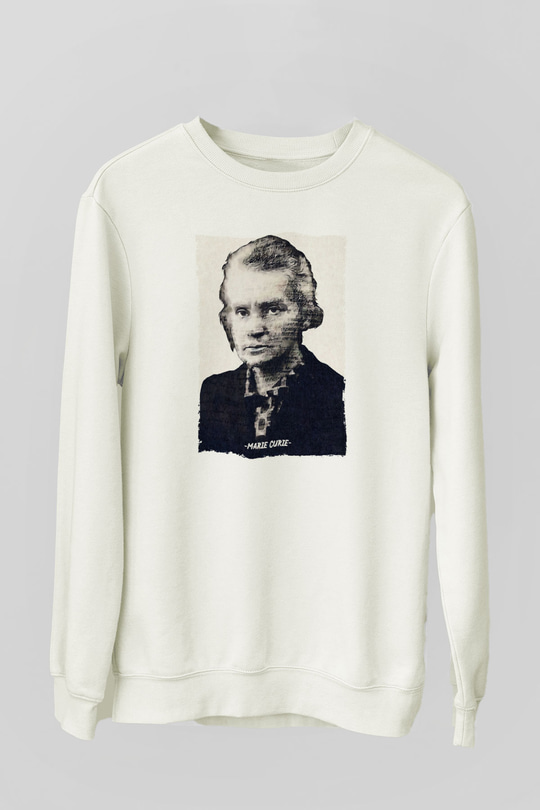 Marie Curie Yazılı Portre Baskılı Unisex Ekru Sweatshirt