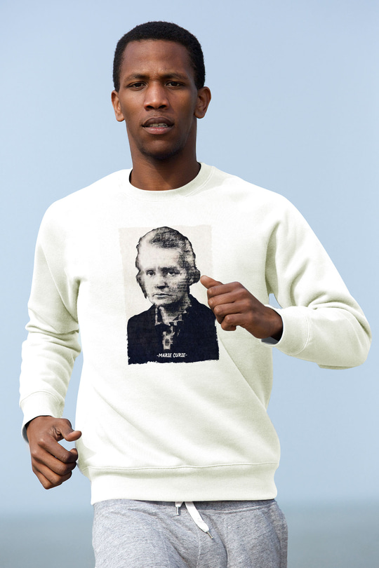 Marie Curie Yazılı Portre Baskılı Unisex Ekru Sweatshirt