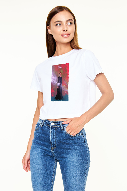 Marie Skłodowska Curie Renkli Baskılı Kadın Crop Top Beyaz Tişört