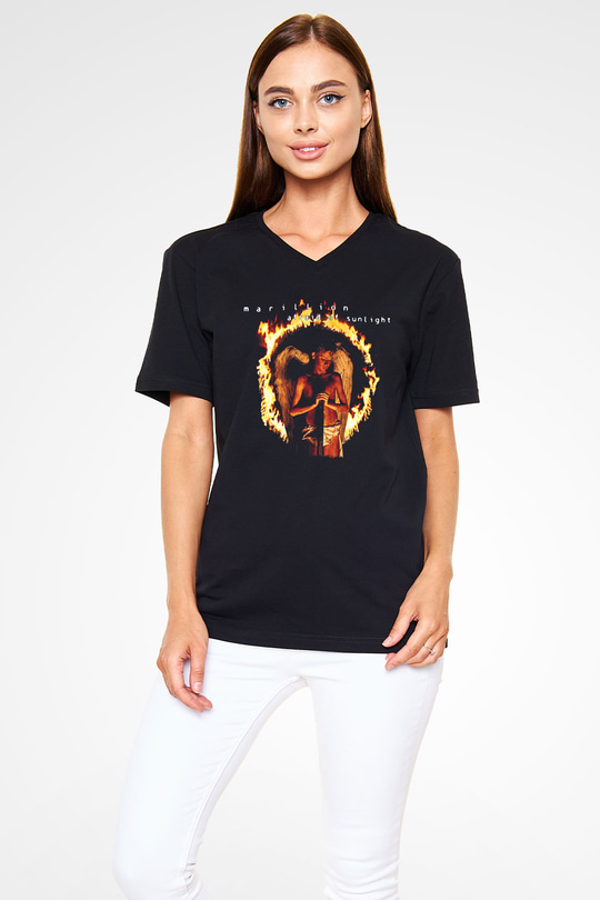 Marillion Baskılı Unisex Siyah V Yaka Tişört - Tshirt