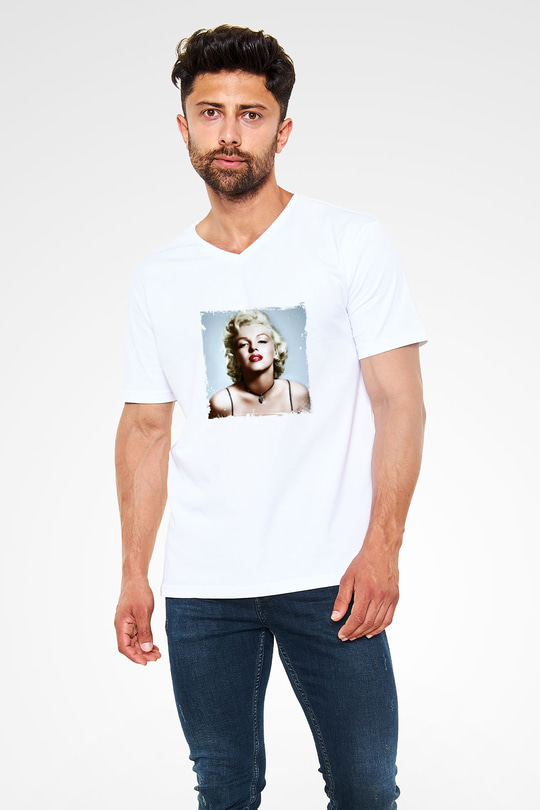 Marilyn Monroe Baskılı V Yaka Unisex Beyaz Tişört