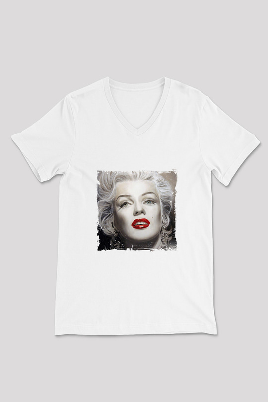 Marilyn Monroe Baskılı V Yaka Unisex Beyaz Tişört