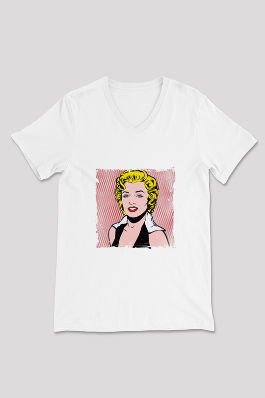 Marilyn Monroe Baskılı V Yaka Unisex Beyaz Tişört