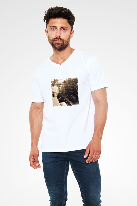 Marilyn Monroe Baskılı V Yaka Unisex Beyaz Tişört