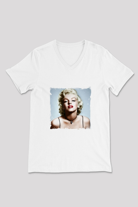 Marilyn Monroe Baskılı V Yaka Unisex Beyaz Tişört