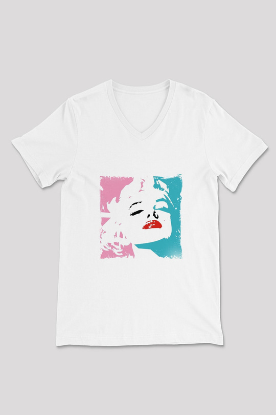 Marilyn Monroe Baskılı V Yaka Unisex Beyaz Tişört